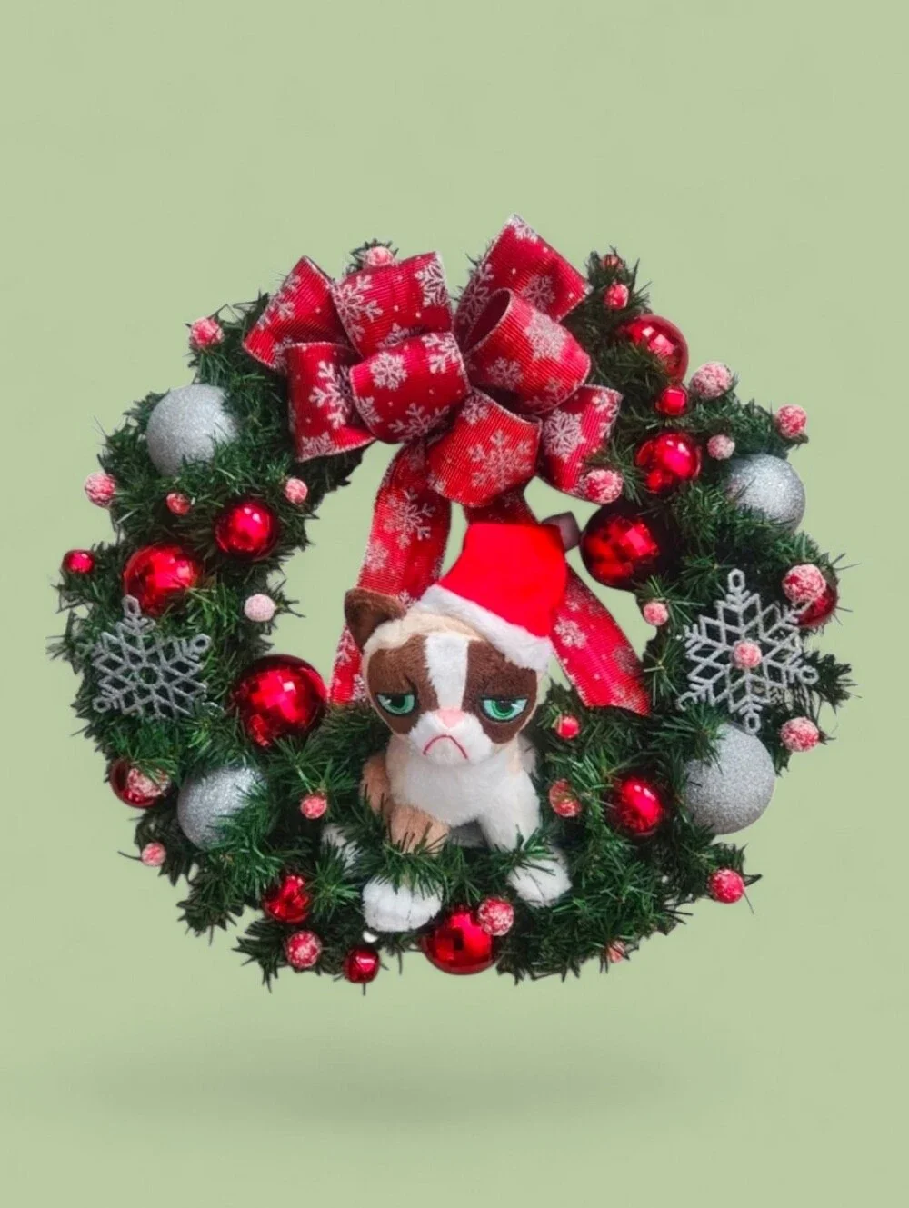 Red & Silver Grumpy Cat Meowy Christmas Wreath